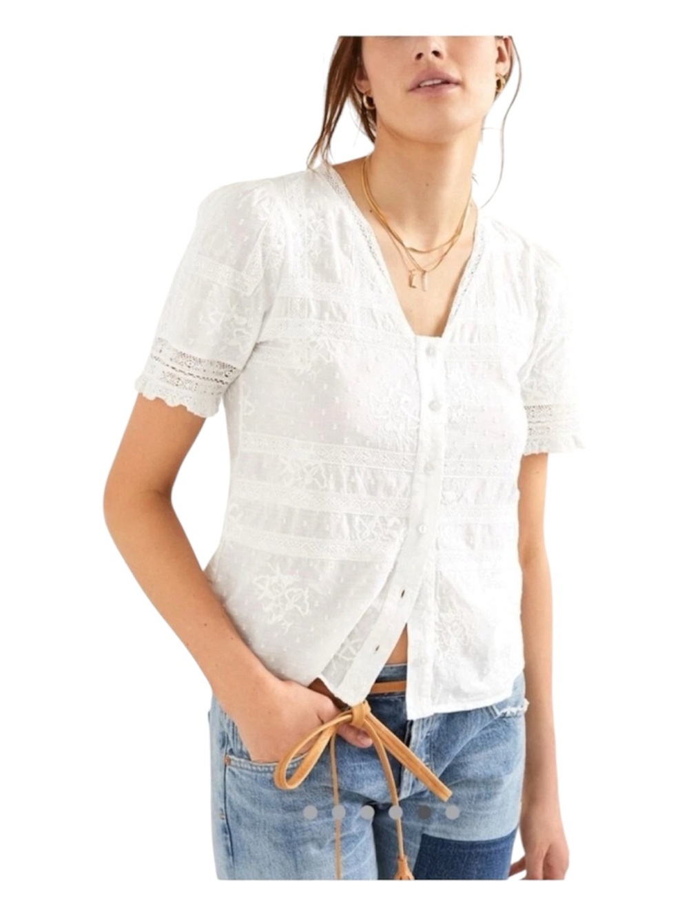 Forever That Girl Women's White Lace Eyelet Button-Front Blouse